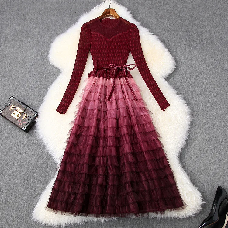 

European for Spring 2021 and American women's wear Long sleeves stretch bust Patchwork gradient mesh cake dress