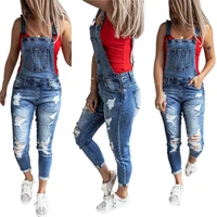 new womens denim overalls casual slim fit ankle length skinny leg ripped bib overalls long jumpsuit