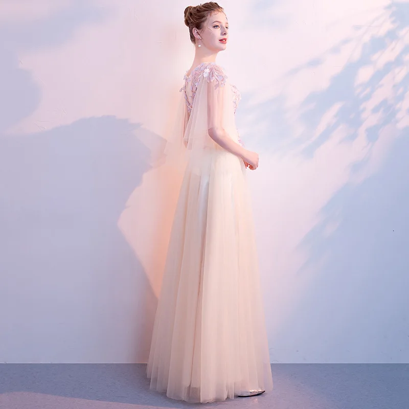 Mingli Tengda Champagne Lace Evening Dresses Half Sleeve Woman Candy Color Flower Long Wedding Party Dress Scoop Robe De Soiree | Свадьбы и