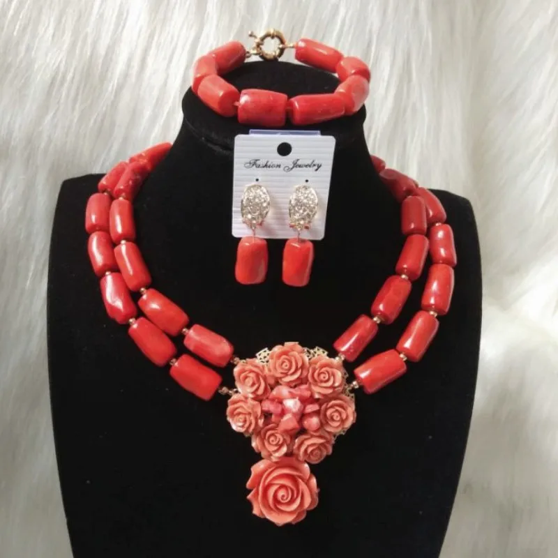 4UJewelry African Bridal Coral Jewelry Set 100% Orange Original Coral With Flowers Nigerian Wedding Bride Necklace Set For Women