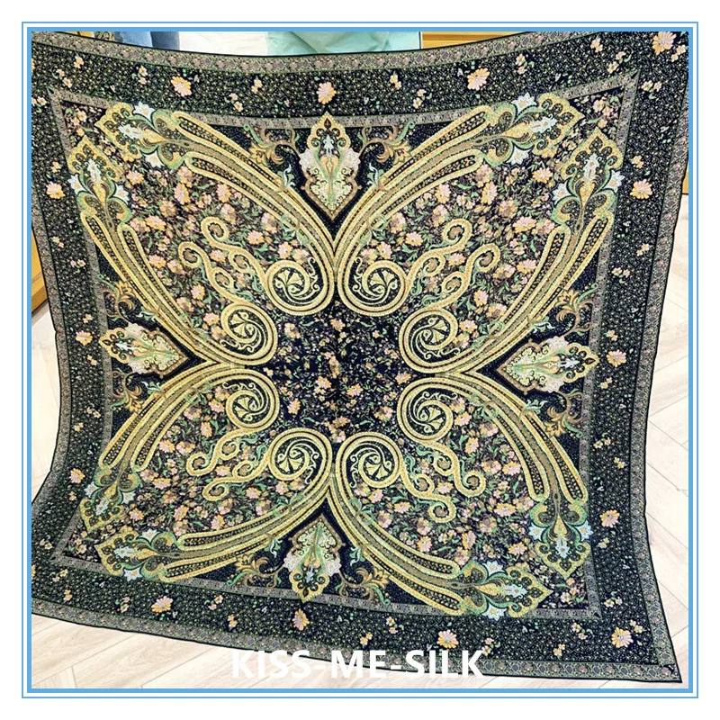 

KMS Olive Green Paisley Floral Silk Twill Sand-Washed large square scarf mulberry-silk shawl for Women 140*140CM/115G