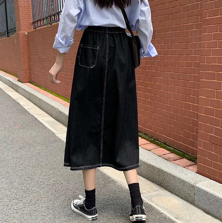 

New Spring Vintage Women Skirts Solid Color High Waist Classic Denim Skirt Mujer Office Lady Knee-length Skirts Female