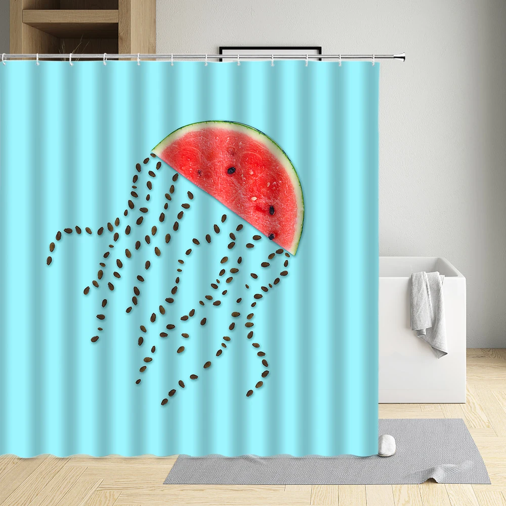 

Creative Shower Curtain Summer Watermelon Crab Jellyfish Whale 3D Printing Waterproof Cloth Bathtub Decor Bath Screen With Hooks