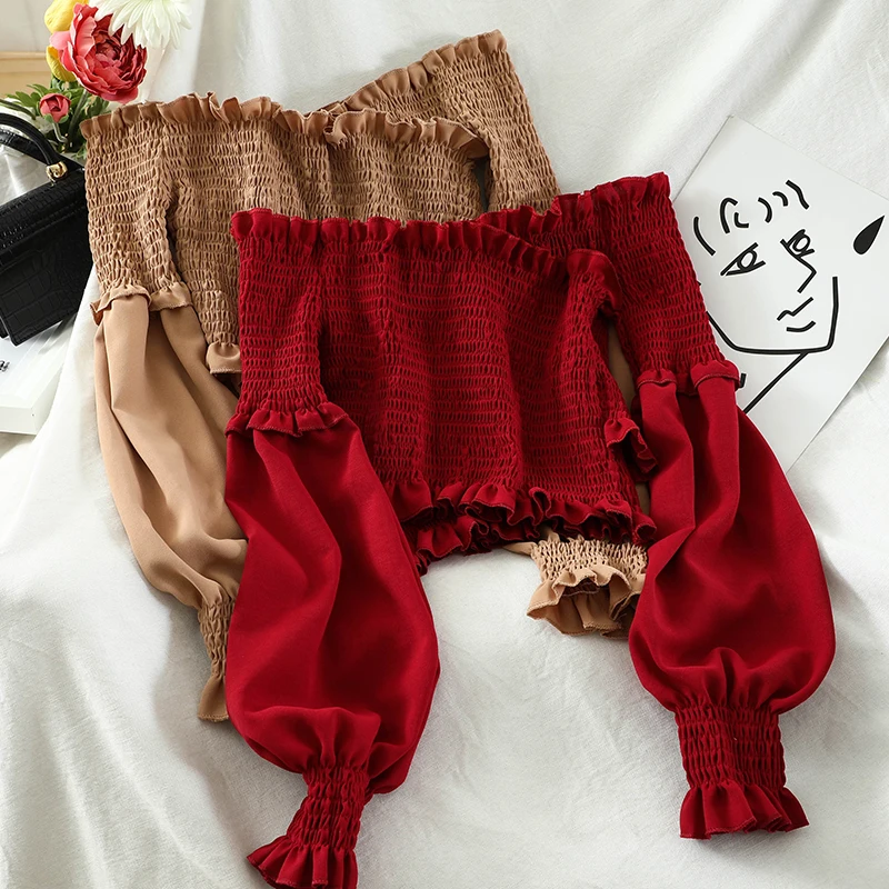 

Укороченный топ с открытыми плечами и длинным рукавом, женские топы с оборками, винтажная рубашка, рубашки с V-образным вырезом, Blusa Feminina, Blusas ...