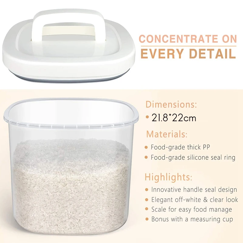 

Rice Storage Container - 10 Lbs Airtight Cereal Container Bin with Measuring Cup - Food Container Dispenser for Rice