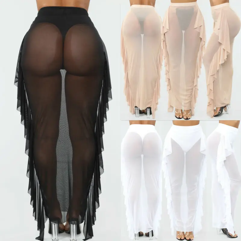 Женские Сексуальные Обтягивающие юбки с оборками прозрачная сетчатая длинная