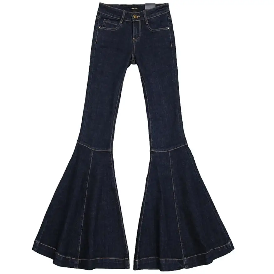 24-32!New Spring Autumn Mid Waist Jeans Retro Fishtail Big Flare Women Long Denim Trousers Slim Bell Bottom Jeans