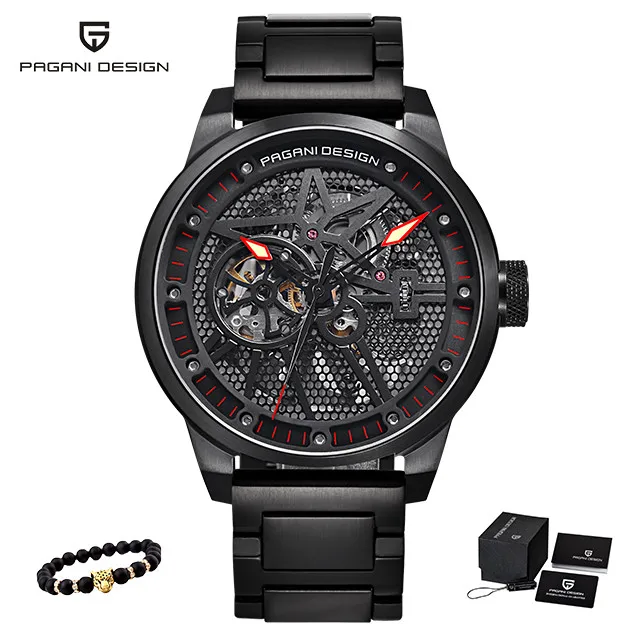 Модный Роскошный бренд Pagani кожаный Tourbillon часы Автоматические Мужские часы Мужские механические стальные часы Relogio Masculino+ коробка - Цвет: S-black red