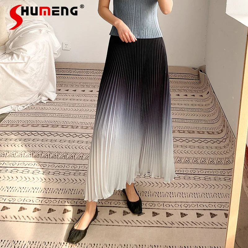 

Elegant Handmade Pleated Long Skirt Female Summer 2022 New Casual Gradient Color High-End Elegant Mid-Length Skirts for Women