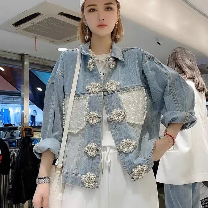 

2021 New Spring Autumn Fashion Long-sleeved Women Outwear Single-breasted Beading Sequins Pocket Loose Casual Denim Jacket Coat