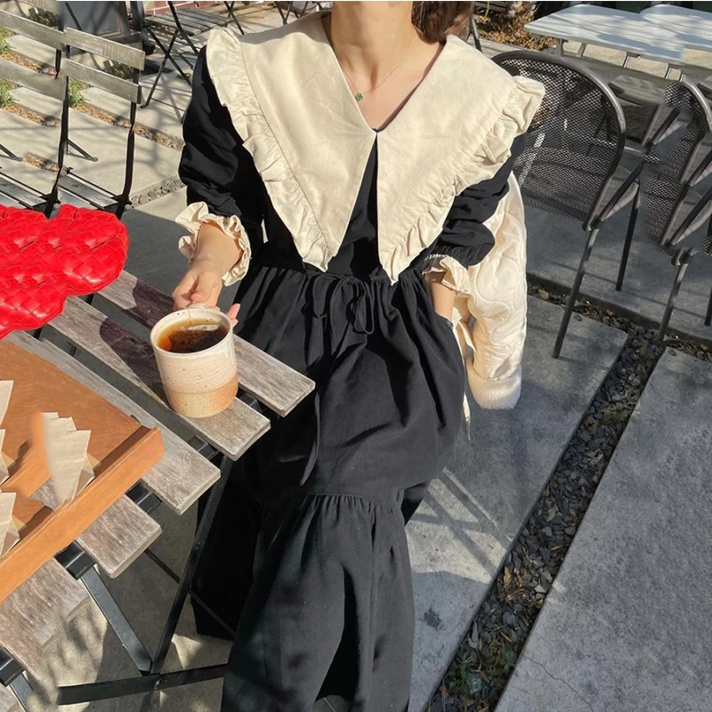 

Autumn Spring 2021 Turn-Down Collar Folds Dress Women Flounced Edge Lace Pullover Dresses Office Lady Ankle-Length Dress