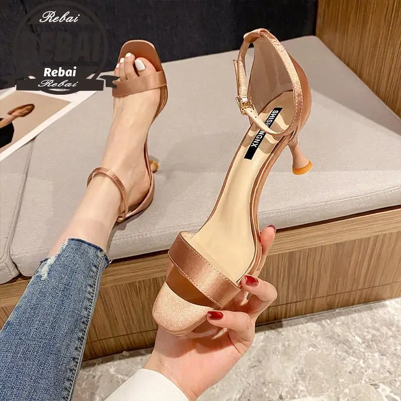 

Women Black Sandals 2021 Summer Fine Heel Fashion Open Toe Slingback Shoes Ladies Party Elegant Narrow Band Pumps