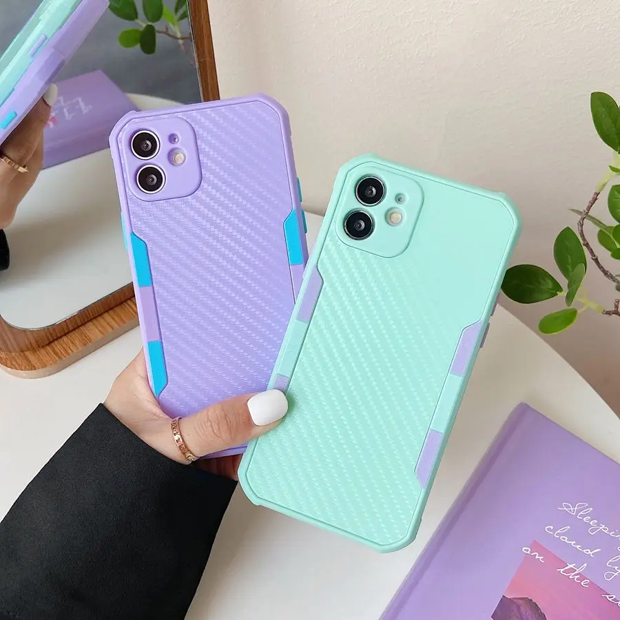 

Color Contrast Carbon Fiber Skin Feeling Phone Case For iPhone 11 12 Mini Pro X XR XS MAX SE2020 6 7 8Plus Anti-Fall Phone Cover