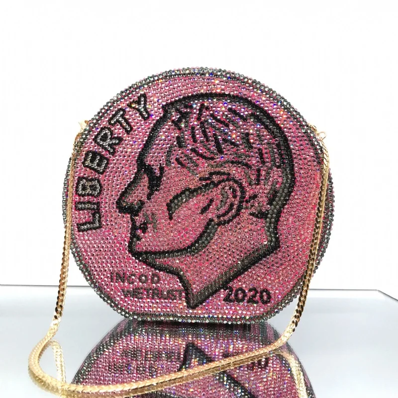 

XIYUAN Pink High Quality Crystal Evening Metal Clutches Dollar Shape Ladies Handbag Purse Wedding Box Diamond Female Clutch Bag