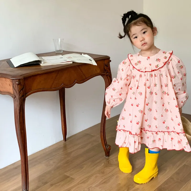 

2022 Baby Girls Pink Dresses Autumn Spring Children Long Sleeve Plus Size One Piece Dress Korean Kids Beautiful Floral Clothes