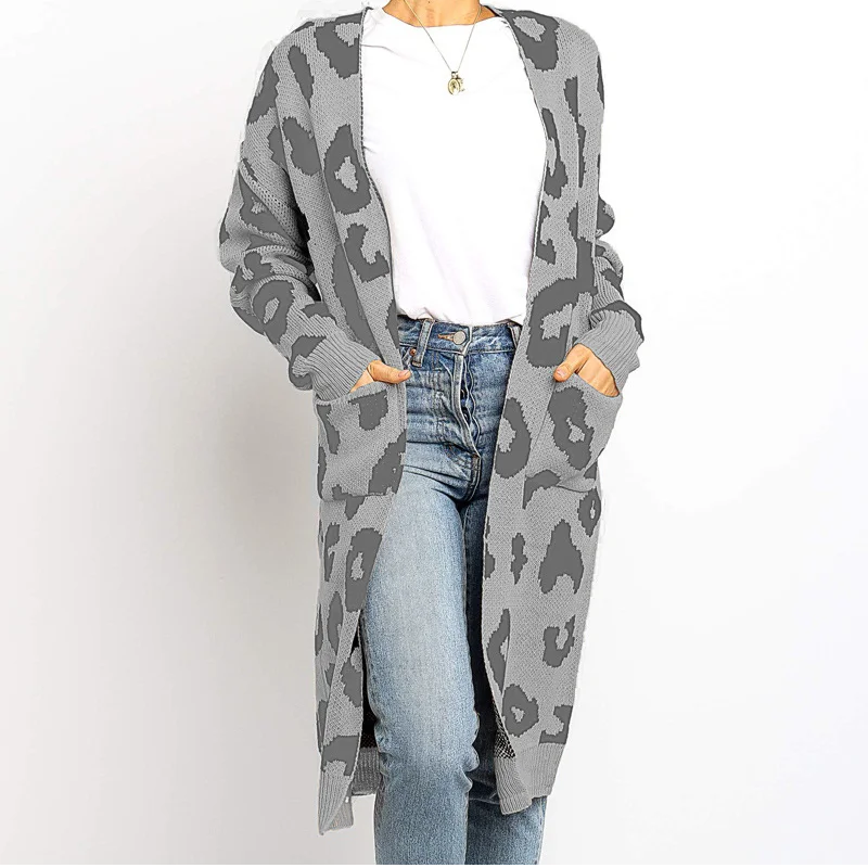 

Свитер цвета хаки, кардиган, длинный кардиган с леопардовым принтом, модное женское длинное пальто 2021, женские модные свитера с длинным рукавом на осень и зиму
