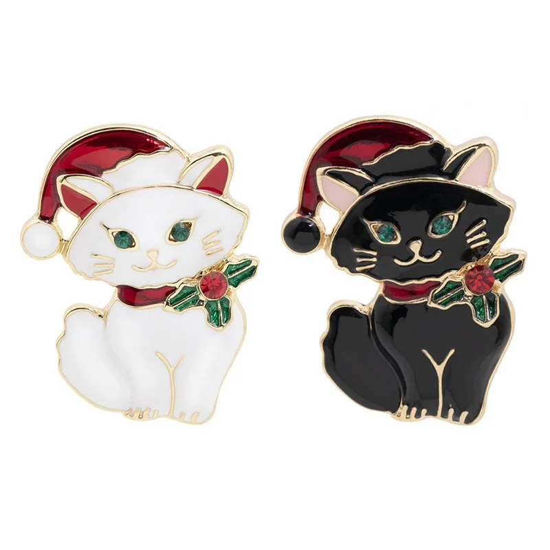 

Christmas Red Hat Cat Brooch Collar Green Crystal Holly Berry Broach Gift