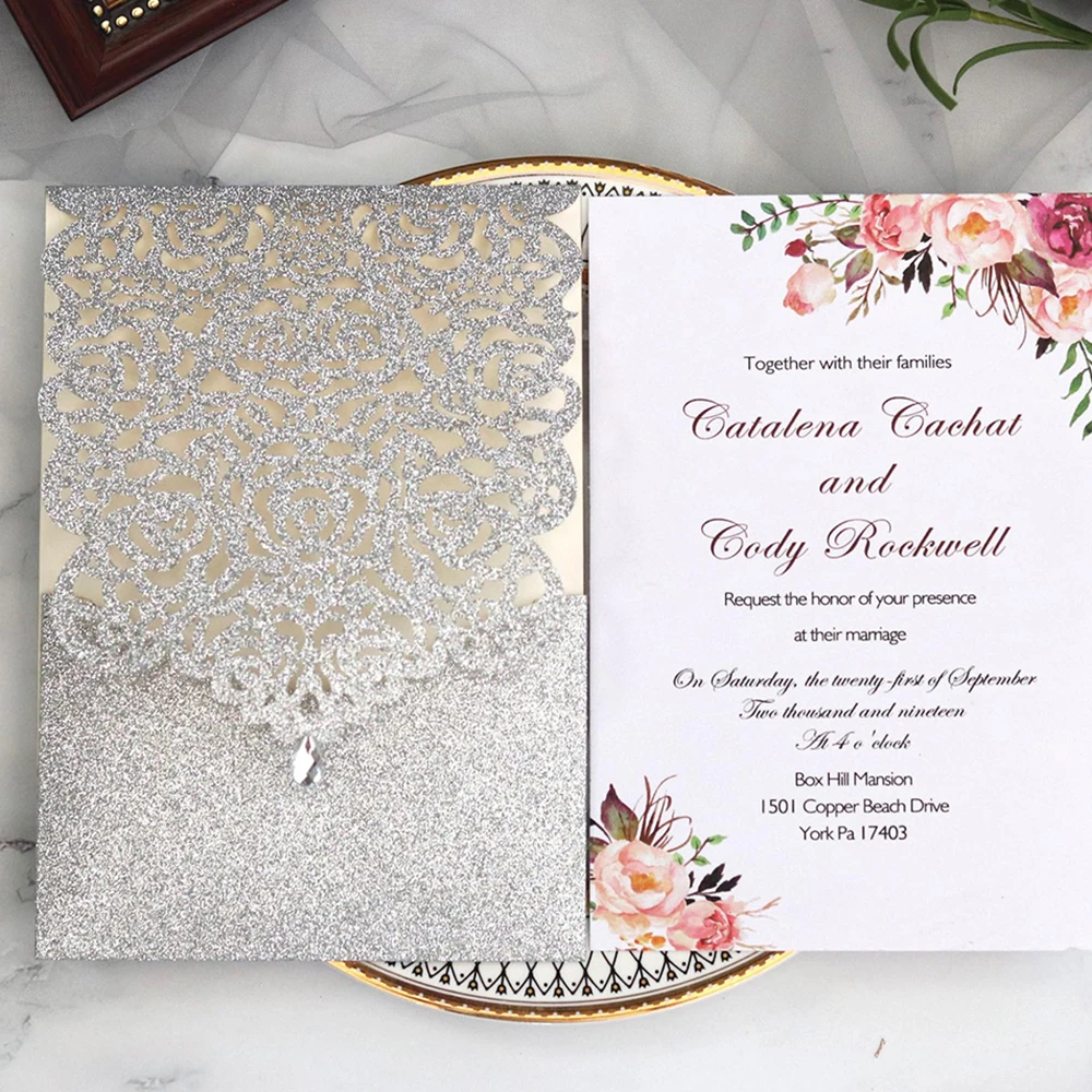 10pcs Pearl paper Business Invitation Glitter Openwork Pocket Rose Lace Card Wedding Universal | Дом и сад