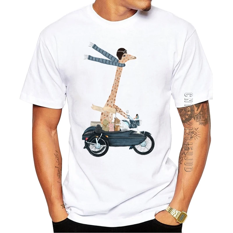 100% Cotton Fashion Road Trip Men T-Shirt Short Sleeve Graphic Tshirt O-Neck Cool Tops Funny Riding Giraffe Printed Tees