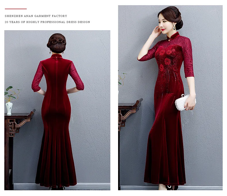 Осень/зима рыбий хвост юбка платье ретро, Национальный стиль мать cheongsam длинная Вышивка Горячая алмаз Улучшенный китайский платье