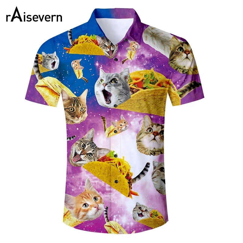Raisvern забавная Мужская рубашка Tacos Cat 3d принт гавайская Алоха летние мужские топы