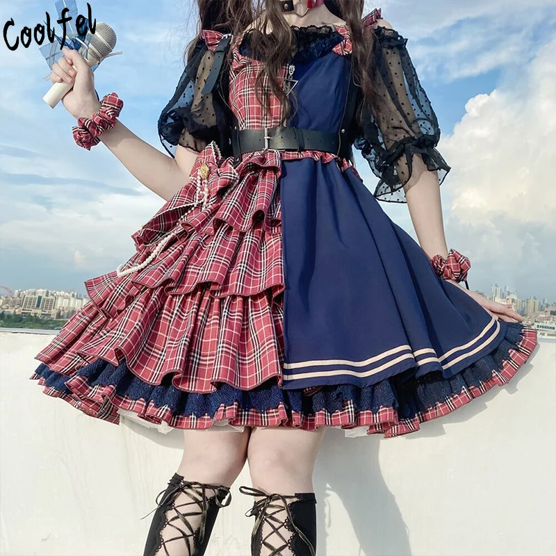 

COOLFEL Japanese Gothic Retro Victorian Lolita Dress Patchwork Contrast Color Ruffles Dresses Women Princess Girls Sweet Dresses