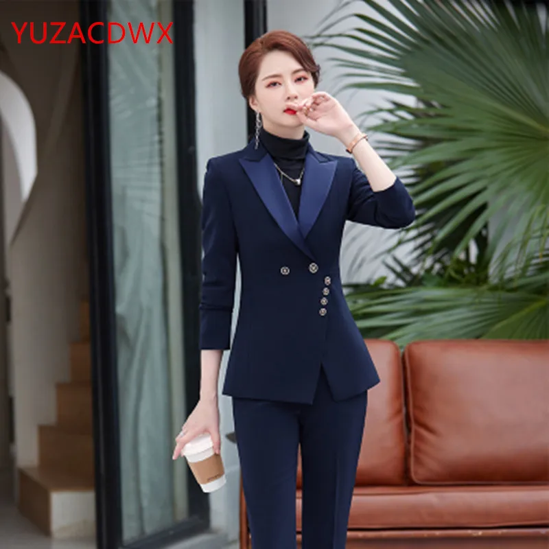YUZACDWX Khaki Suits Women Higt Eed Formal Interview Business Slim Blazer And Pants Office Ladies Fashion Work Wear Lake Blue enlarge