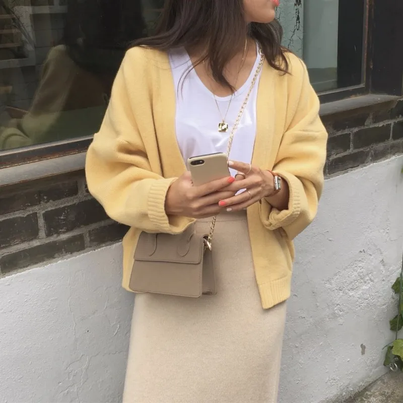 New Oversize Women's Sweaters Autumn Winter fashionable Vintage yellow Cardigans Single Breasted Puff Sleeve Loose Cardigan |
