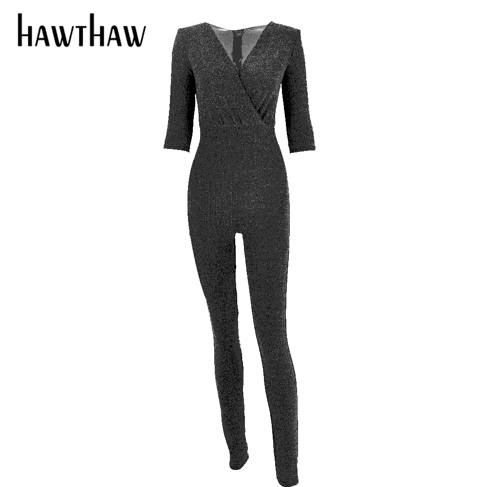 

Hawthaw Women Autumn Winter Long Sleeve V Neck Bodycon Soild Color Jumpsuit Overall Romper 2020 Female Clothing Streetwear