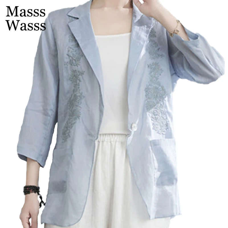 

Masss Wasss 2022 New Summer Outerwear Womens Linen Thin Light Blue Blazer Ladies Vintage Loose Jackets Harajuku Casual Coats