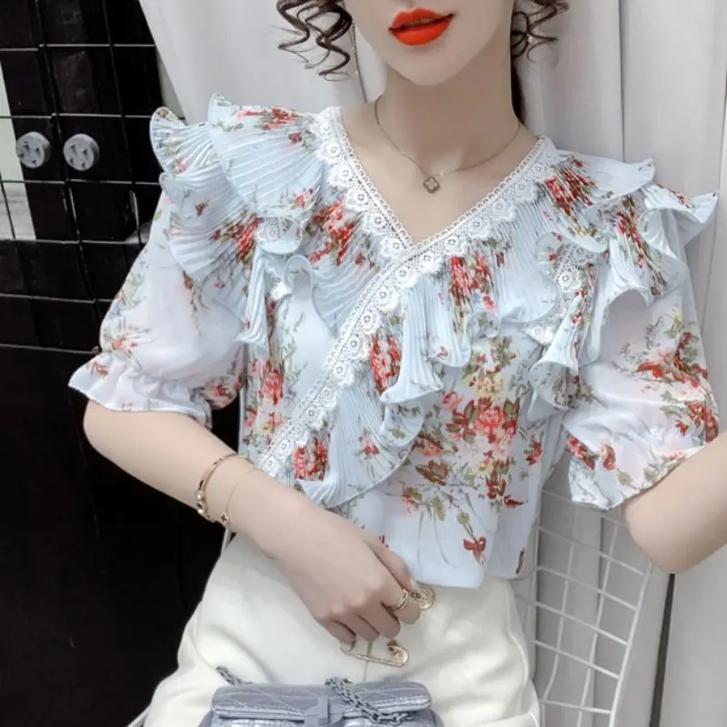 

Floral Printed Summer Shirts Office Blouse New Korean Lace V-neck Ruffled Short Sleeve Female Chiffon Shirt Top