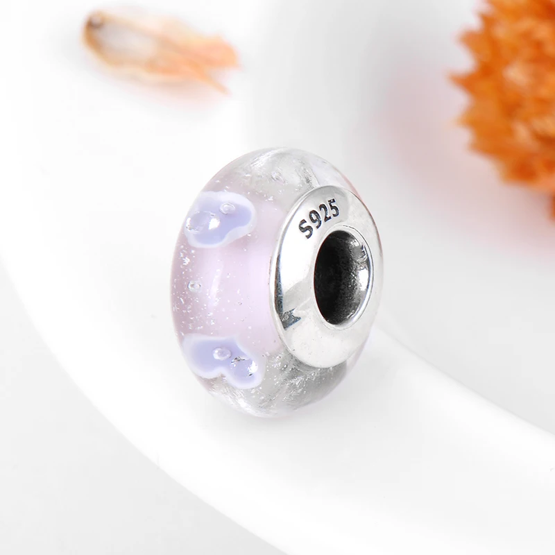 Подлинный 925 пробы Серебряный Розовый муранский стеклянный бисер фиолетовый