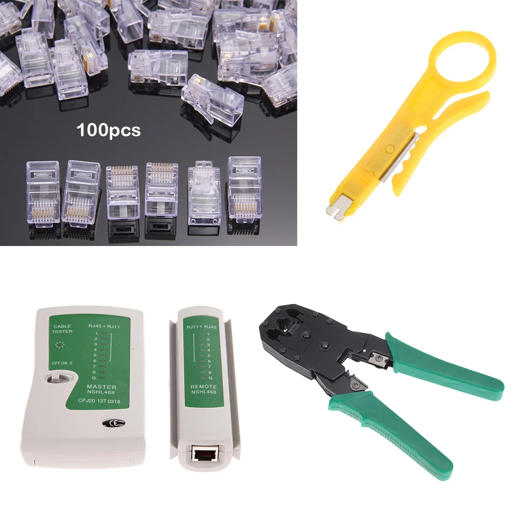 

Ethernet LAN Cable Wire Tester Kit Crimp Crimper Pliers +100pcs RJ45 CAT5 Cat5e Connector Modular Plug Network Tool Set