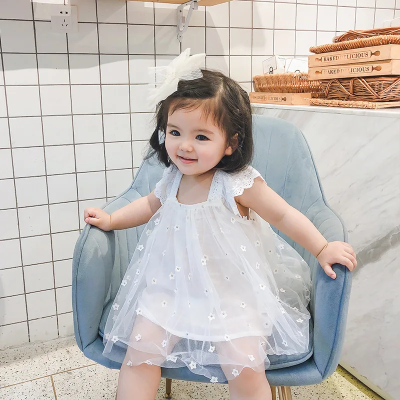 

toddler clothes Sweet little flower pattern net gauze princess dress white pink summer comfortable dress