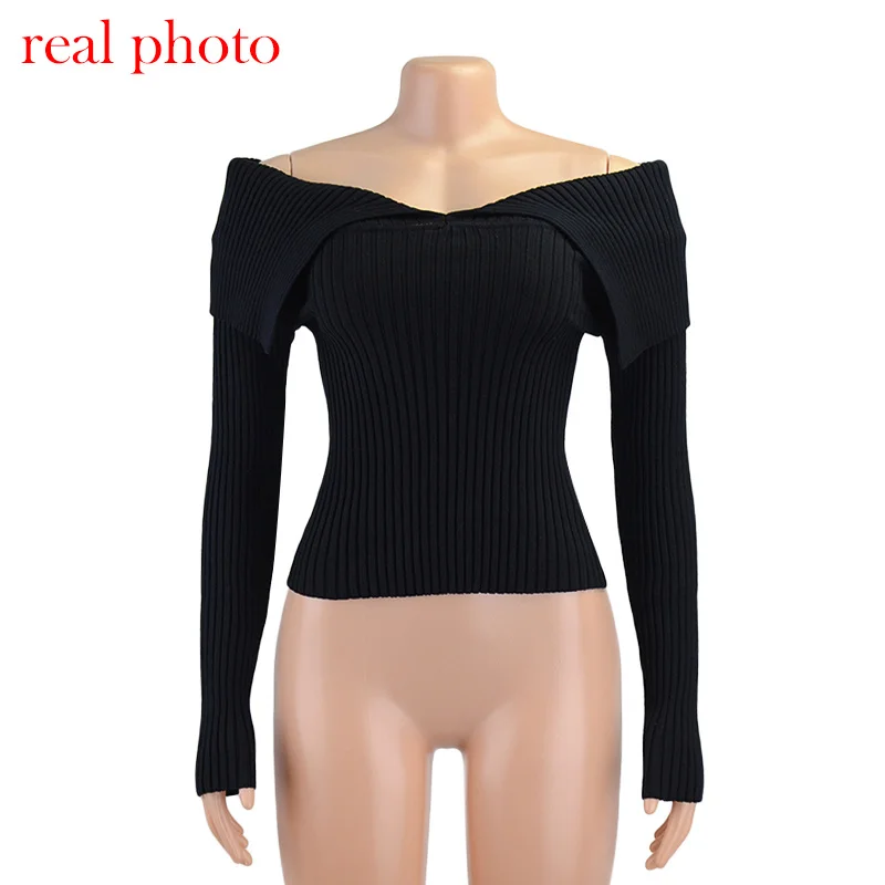 

Womens Slash Neck Ribbed Knitting Warm Sweater Long Sleeve Pullovers Streetwear Sheath Casual Clothing Ukraine Tops