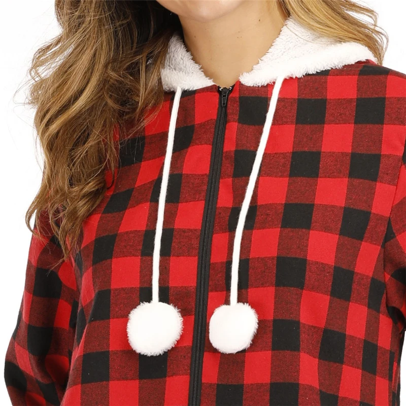 

Women's Pajama Christmas Plaid Jumpsuit Plush Hat with Hood Drawstring One Piece Clothes Winter Warm Jumpsuit Ladies Romper