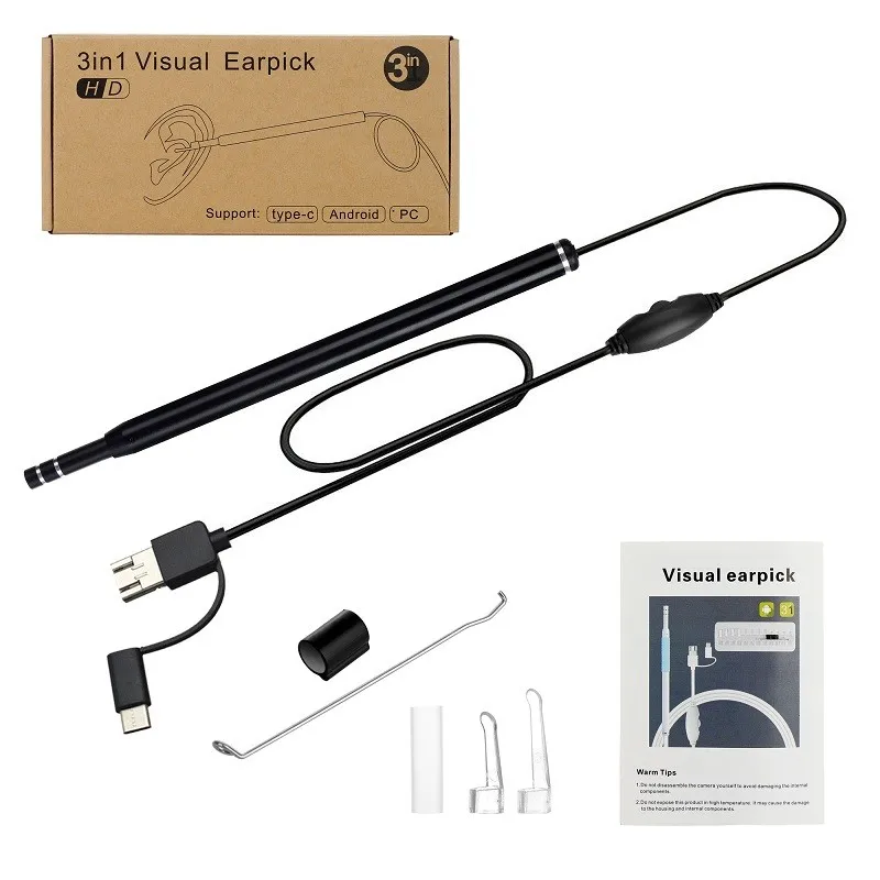 

Ear Cleaning Endoscope Camera 5.5mm 3in1 Visual Ear Pick USB Ear Spoon Type-c Ear Otoscope Borescope for Android PC