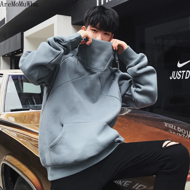 Autumn Winter New High Collar Sweatshirts Men's Hooded Hood Loose Plus Velvet Hoodie Korean Version of The Men Hoodies M-2XL | Мужская
