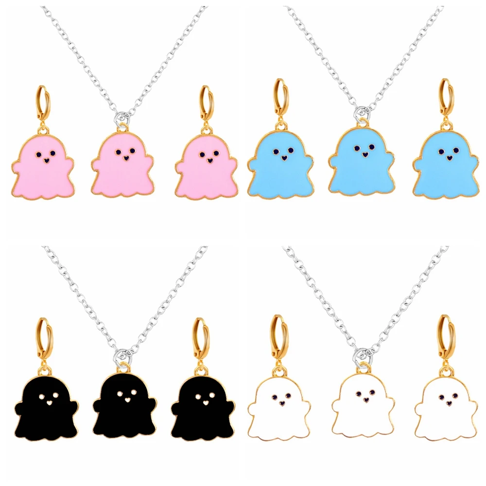 

New Cute Black White Ghost Pendant Necklace Earring Set For Women Girls Hiphop Metal Clavicle chain Necklace Fashion Jewelry set