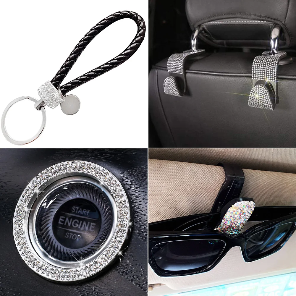 

21PCS/Set Car Accessories for Women Rhinestone Kit Dual USB Car Charger Phone Mount Tire Valve Cap Glass Cup Pad Back Seat Hook