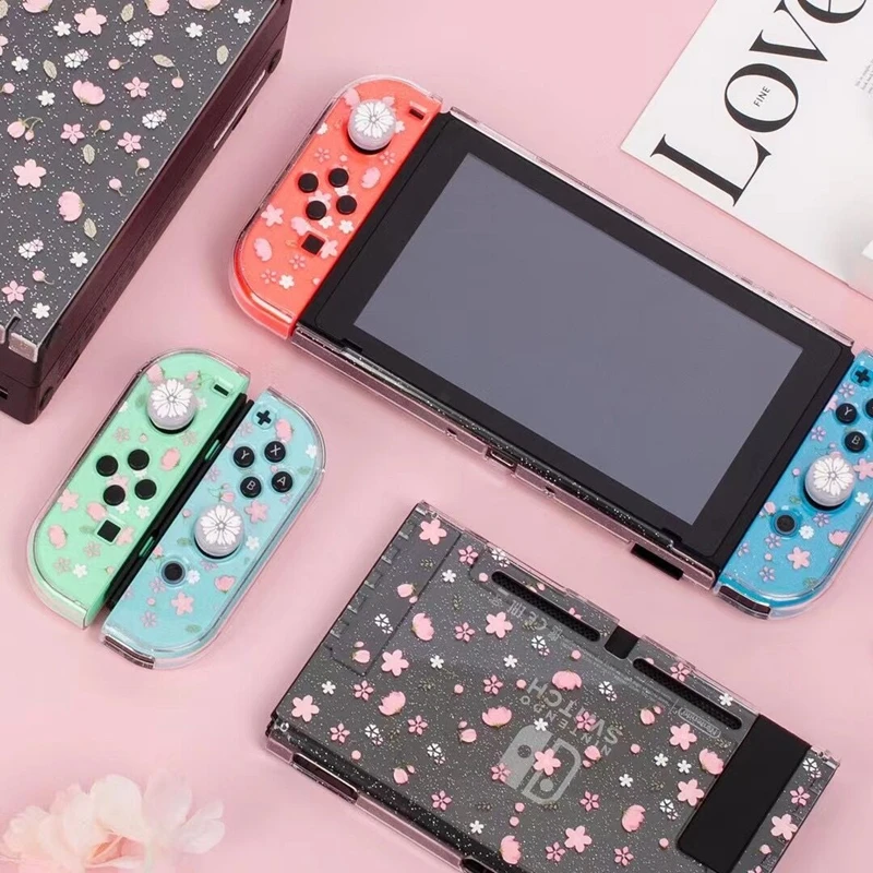 

For Nintendo Switch NS Console and Joy Cons Dockable Glitter Clear Crystal Shell Protective Case Cover Sakura Snow Decoration