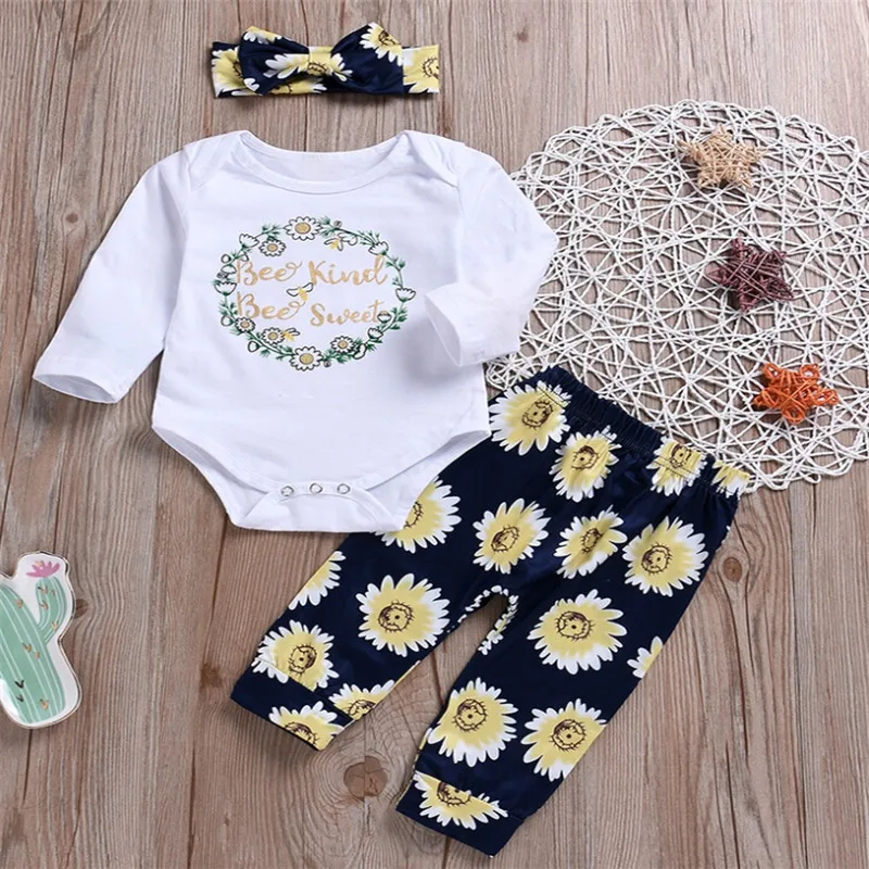 3pcs Newborn Clothes Set Bee Kids Letter Bodysuit Baby Rompers Outfits Sunflower Long Pants Hairbands Girls | Детская одежда и