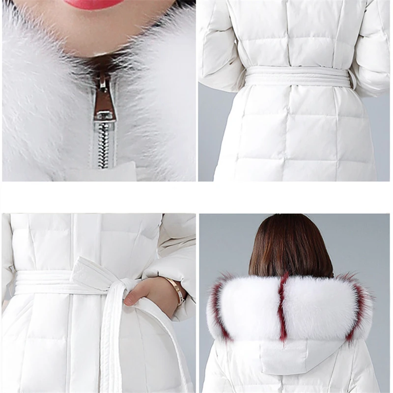 

Jacket 2021 New Winter Down Female X-long Slim Hooded Women White Duck Down Coat Fashion Belt Thicken Warm Fox Fur Collar Parka