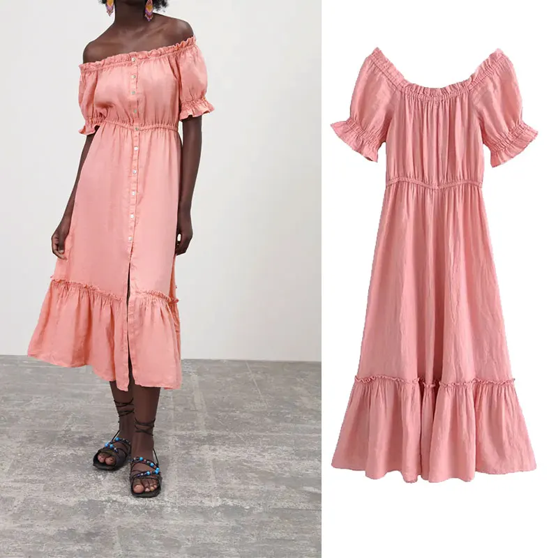 

PPYQYKX Za 2021 женское летнее модное ламинированное льняное миди-платье шикарное ретро стрейч на груди с коротким рукавом женское Повседневное п...