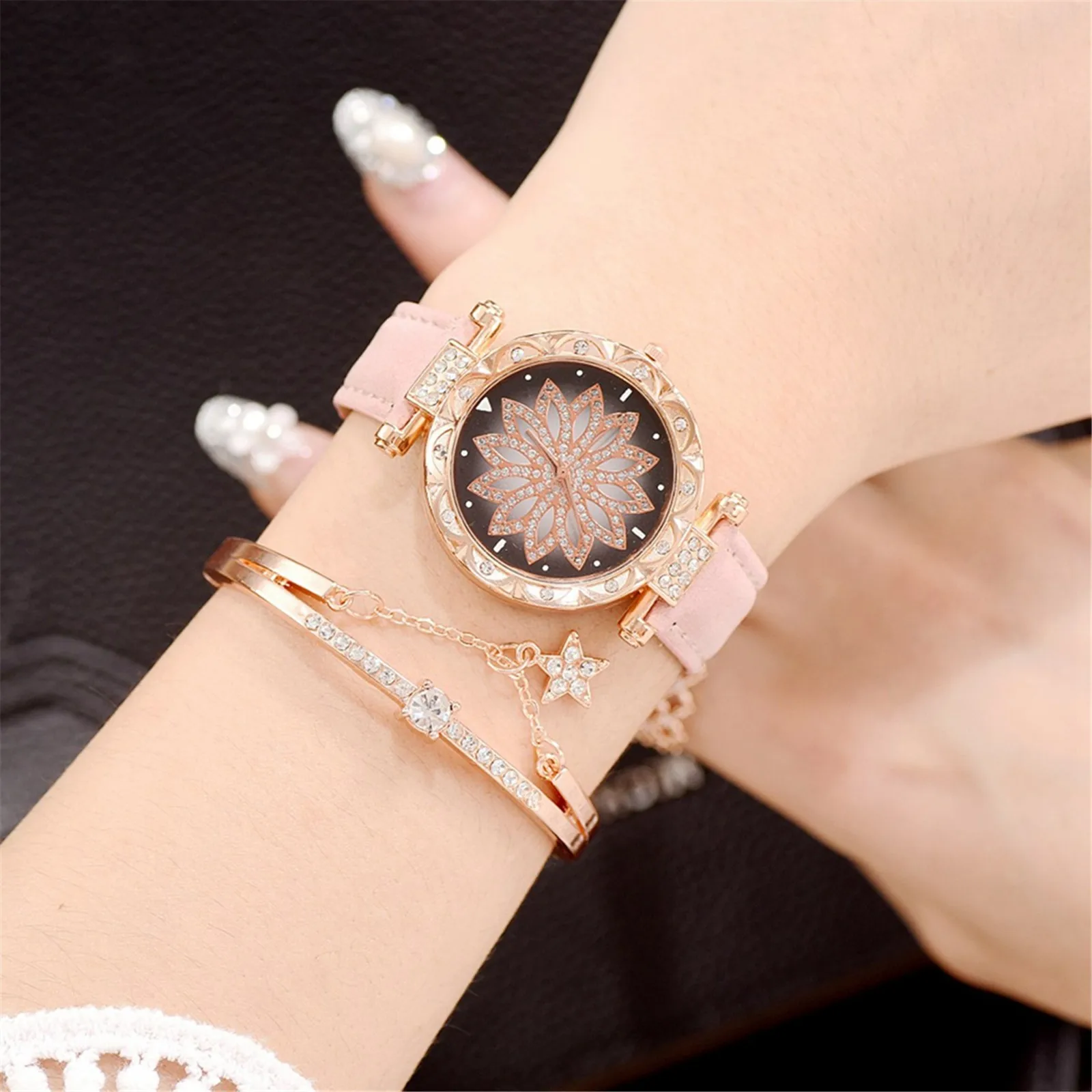 

Fashion Diamond Flower Dial Ladies Strap Leaf Dial Star Bracelet Quartz Watch Set Gift Для Женщин Подарок Reloj Para Mujer 2021