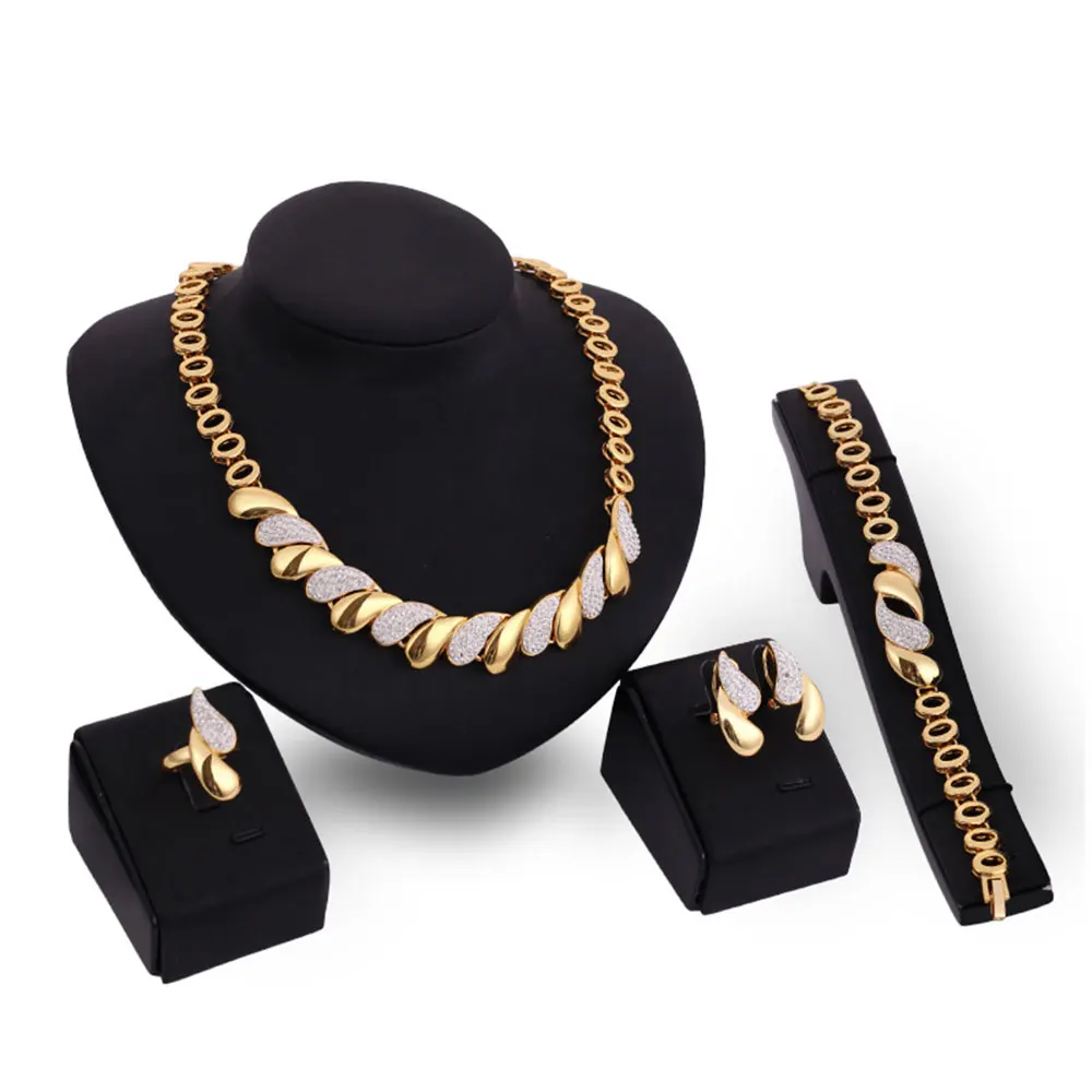 

4 PCS Ladies Alloy Rhinestone Bracelet Earring Necklace Ring Bridal Jewelry Sets
