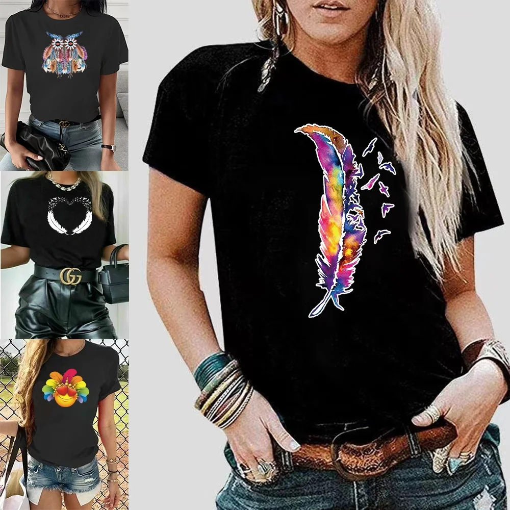 

Men's and Women's T-shirt Black Harajuku Slim Short-sleeved Simple Top Color Feather Printing Series Soft and Breathable Top