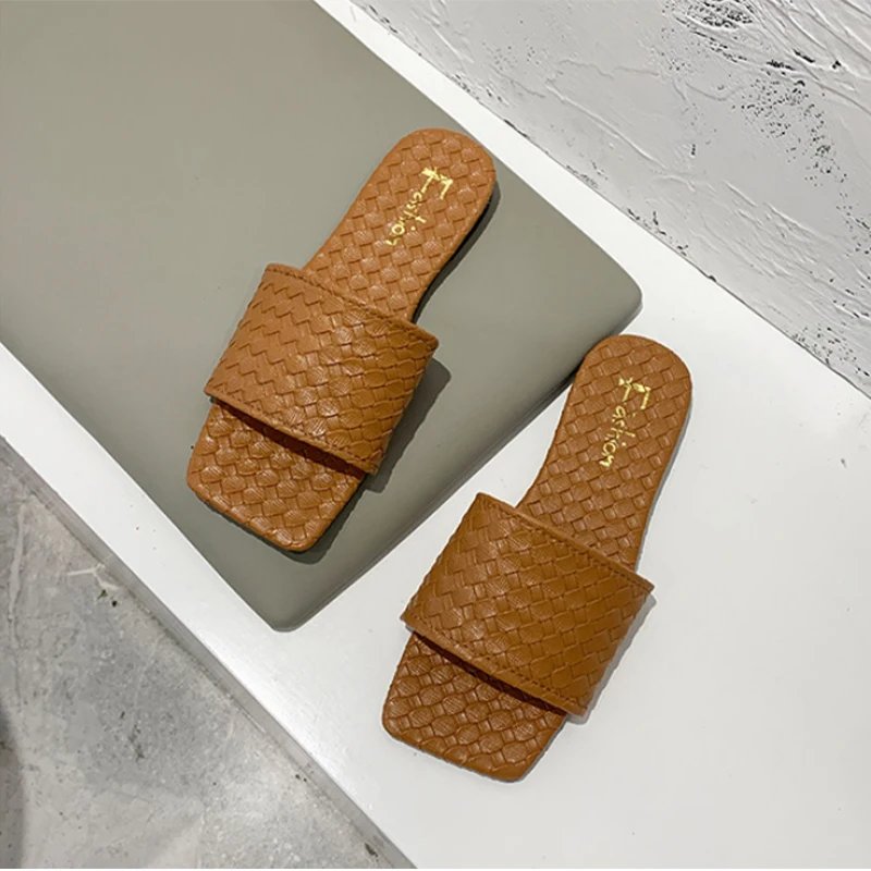 

Women's Square Toe Slippers 2021 Woman Summer Fashion Footwear Women Weave Slides Female Comfortable Flats Ladies Beach Shoes