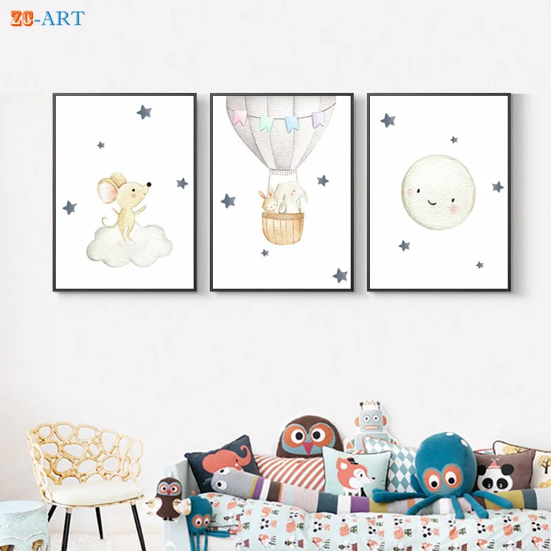 Детские животные принты луна звезда облака плакаты холст живопись серый