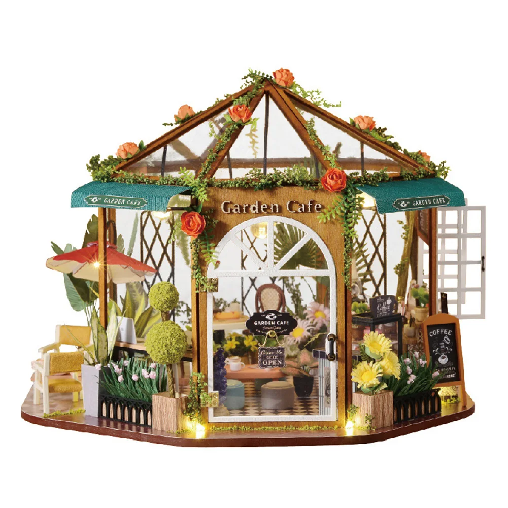 

Ручная работа DIY Мини Кукольный дом 3D деревянный сад кафе сборка игрушка Пылезащитная крышка креативный подарок на день рождения кукольный ...